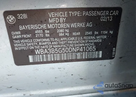 2013 BMW 328I xDrive z USA, uszkodzony, nr VIN WBA3B5G50DNP41065